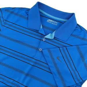 Nike Golf Mens Size M Dri-FIT Blue Stripe Polo Shirt Short Sleeve Embroider Logo